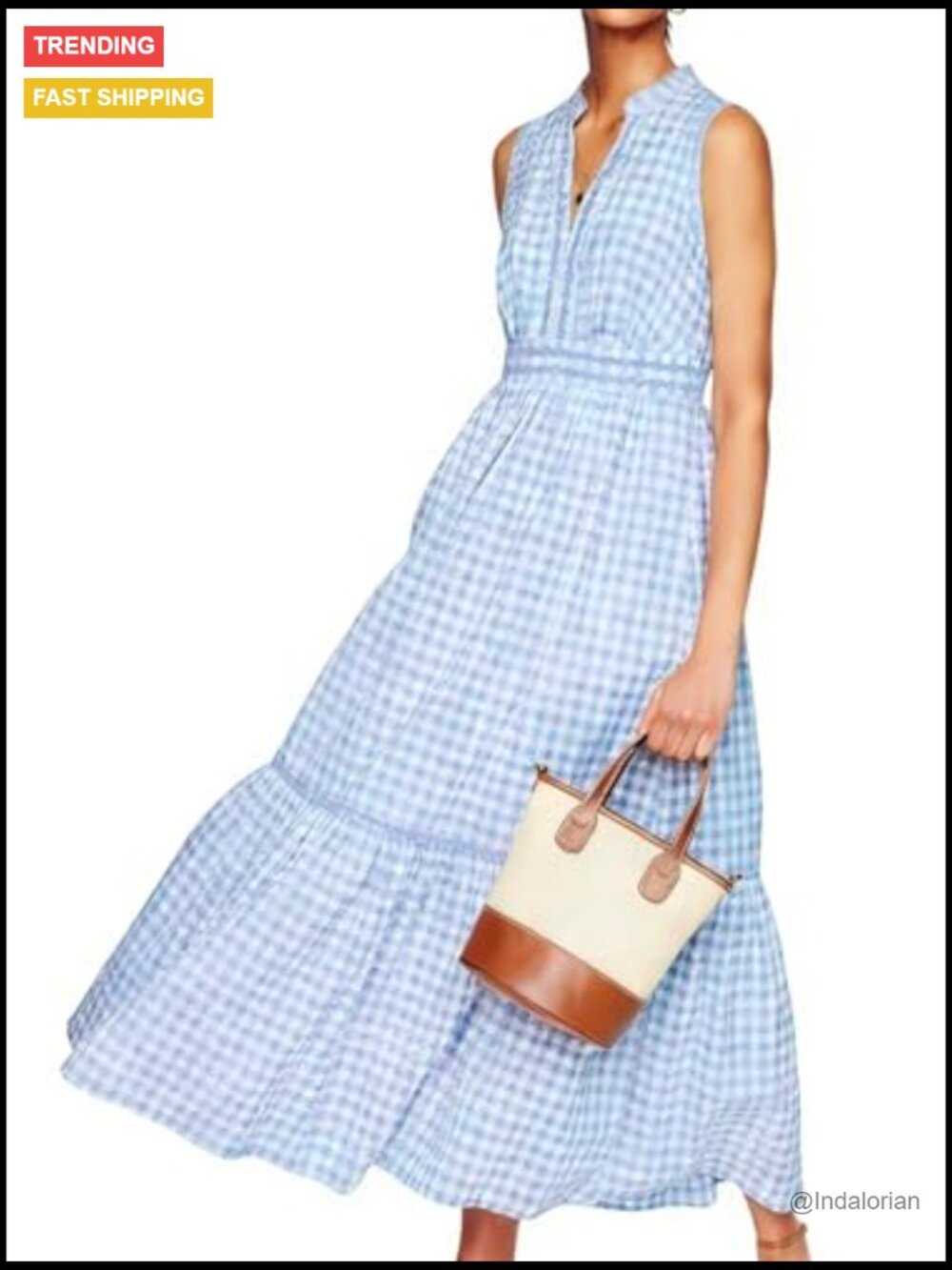 Women's Sleeveless Gingham Maxi Dress with Ruffle Trim Tiered A-Line Sundress - Picture 4 of 7